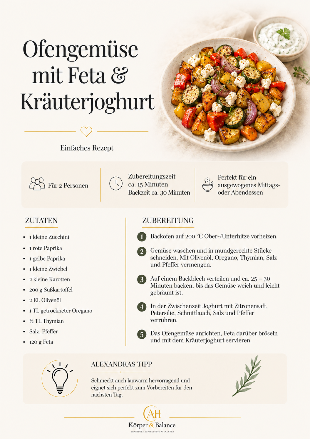 Rezeptkarte: Ofengemüse mit Feta und Kräuterjoghurt