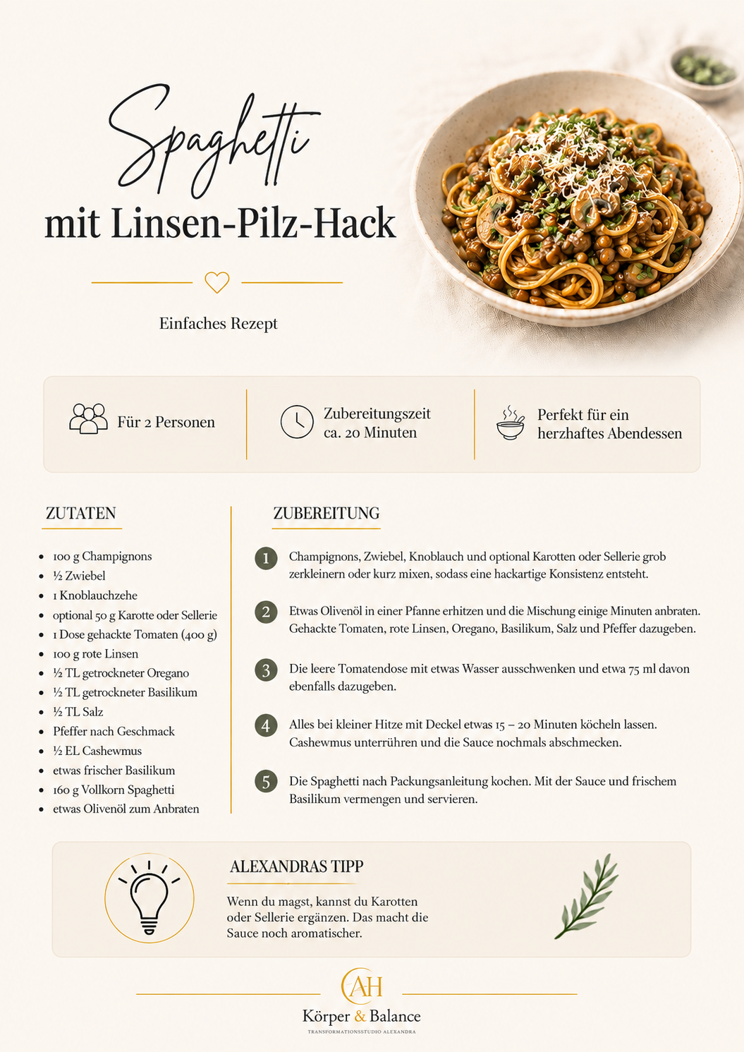 Rezeptkarte: Spaghetti mit Linsen-Pilz-Hack