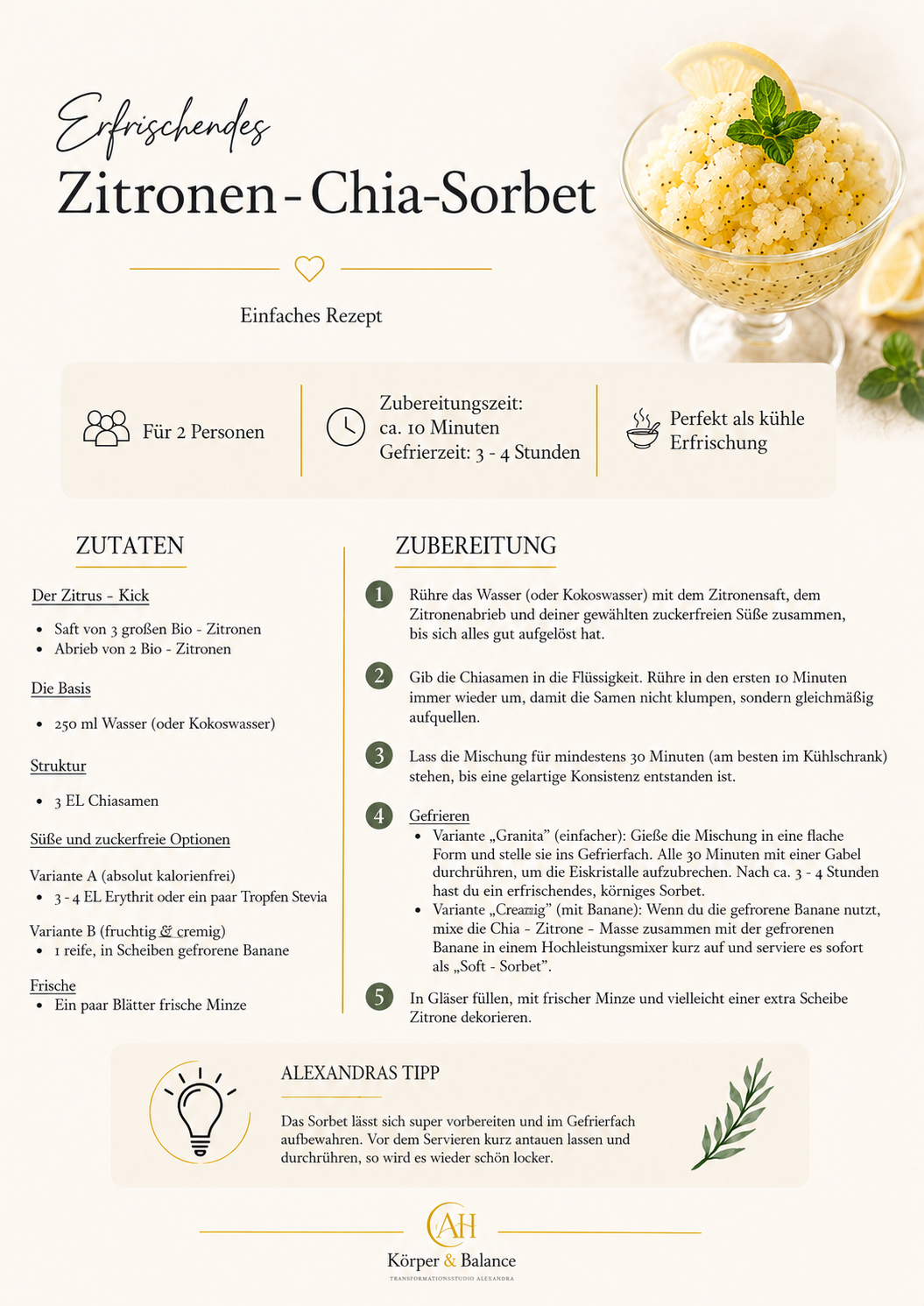 Rezeptkarte: Erfrischendes Zitronen-Chia-Sorbet