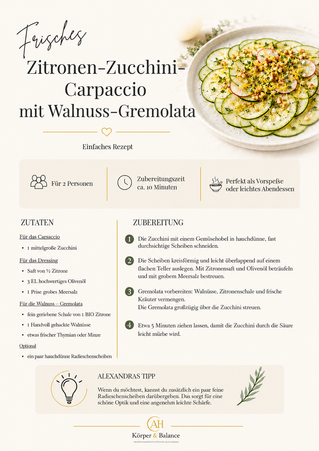 Rezeptkarte: Zitronen-Zucchini-Carpaccio mit Walnuss-Gremolata